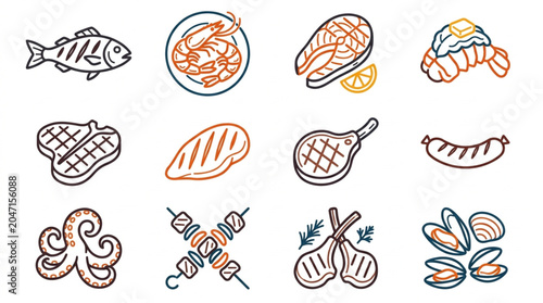 Assorted Seafood and Meat Dishes Illustration
