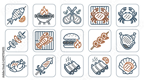 Seafood and Grilled Food Icons Set