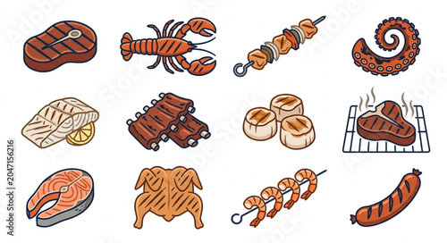 Assorted Seafood and Meat Dishes Illustration