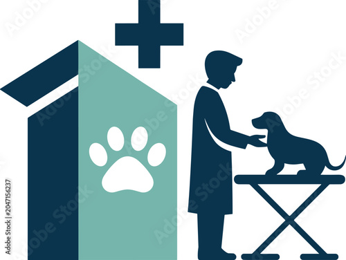 Veterinary clinic with doctor examining a dog on a table