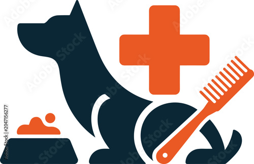 Dog silhouette with medical cross, grooming brush, and food bowl