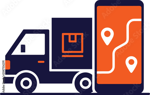 Delivery truck with smartphone showing navigation route and map pins