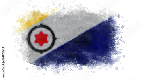 Tableau sur toile The flag of Bonaire, with its blue field, yellow stripe, and red compass star, is creatively interpreted as a watercolor painting with abstract paint effects