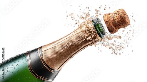 Champagne bottle cork popping with splashing liquid and bubbles on white background