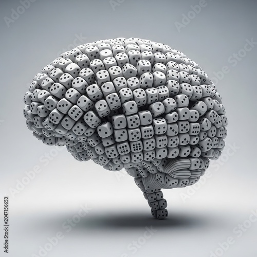 Brain made of dice, symbolizing risk, chance, and decision making