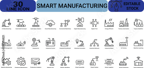 Industrial smart manufacturing line icons set illustrating automated conveyor systems robotics factory data flow machinery connectivity and digital factory.