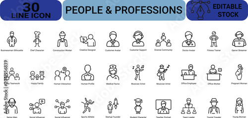 Set of thirty line icons representing diverse people professions and various social roles for professional business presentations and website design projects.