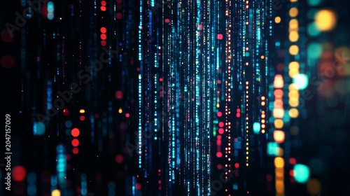 Glowing vertical digital data streams of vibrant blue and orange light dots on dark background