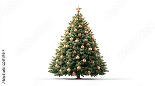 Beautifully decorated Christmas tree with golden ornaments and star on white background