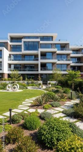 Modern luxury apartment complex with beautifully landscaped garden and stone pathway.