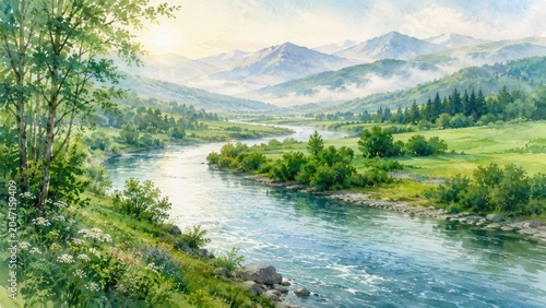 Serene Watercolor Landscape with River and Mountains Under Blue Skies