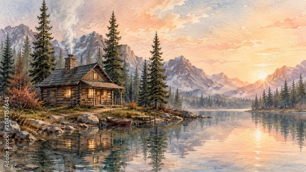 Obraz premium Serene Mountain Cabin at Sunset Reflected in Calm Lake Surrounded by Pine Trees