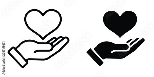 Fotografie Heart in hand icon set in outlined drawings with flat version.