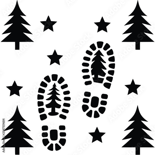 Fotografía Black footprints, Christmas tree footprints, star and tree icons, winter holiday