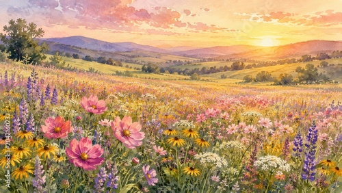 Colorful Wildflower Field Under a Sunset Sky in a Serene Landscape Setting