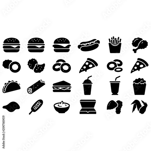 Food Icon Set in Outline Style with Restaurant, Fast Food, Cooking and Kitchen Elements