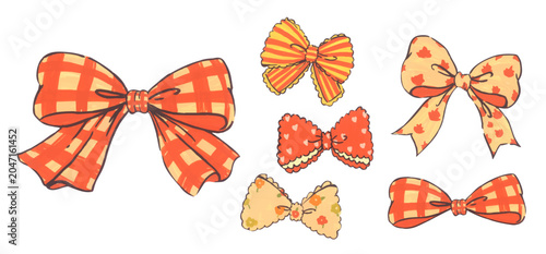 Cute orange bow ribbon set, autumn coquette bowknot illustration, elegant vintage decor, thanksgiving seasonal celebration, hand drawn graphic pattern for gift and party design
