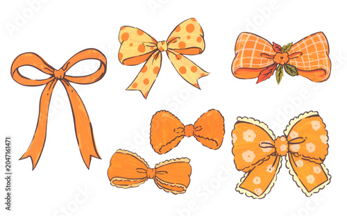 Cute orange bow ribbon set, autumn coquette bowknot illustration, elegant vintage decor, thanksgiving seasonal celebration, hand drawn graphic pattern for gift and party design