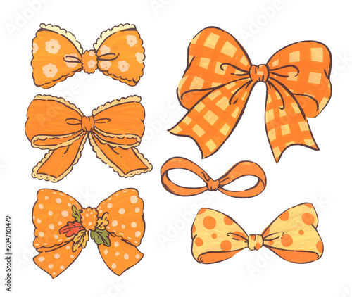 Cute orange bow ribbon set, autumn coquette bowknot illustration, elegant vintage decor, thanksgiving seasonal celebration, hand drawn graphic pattern for gift and party design