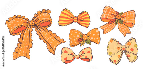 Cute orange bow ribbon set, autumn coquette bowknot illustration, elegant vintage decor, thanksgiving seasonal celebration, hand drawn graphic pattern for gift and party design