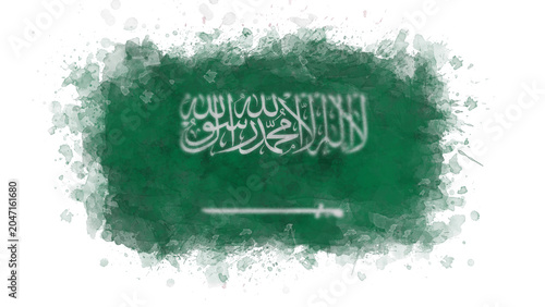 Fotografie The flag of Saudi Arabia is displayed with a green watercolor background and white Arabic script, along with a white sword, rendered with a textured, artistic brushstroke effect