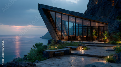 Exclusive cliff edge mansion serene coastal horizon contemporary living spaces Images