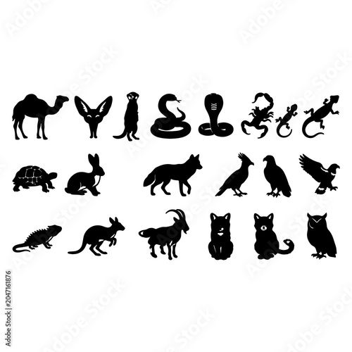 Exotic animal icons including reptiles birds and mammals in black shape.