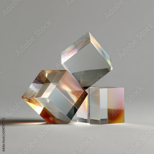 Reflective glass prism cube with soft rainbow highlights and neutral background conveying calm modern elegance