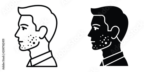 Foto Man acne on face icon set in outlined drawings with flat version.