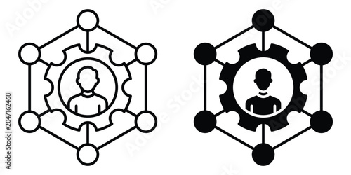 Valokuva Management skills icon set in outlined drawings with flat version