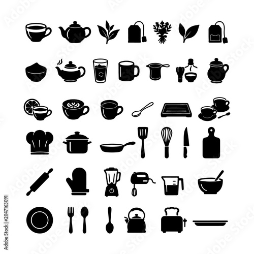 Kitchenware tools and tea equipment silhouettes for culinary design projects.