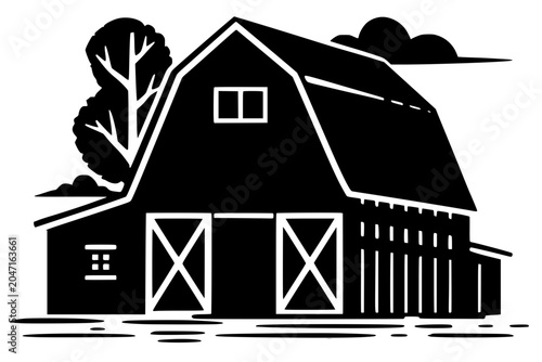 Fotografía Vector silhouette of a barn with gabled roof, X‑pattern doors, window, trees, and clouds
