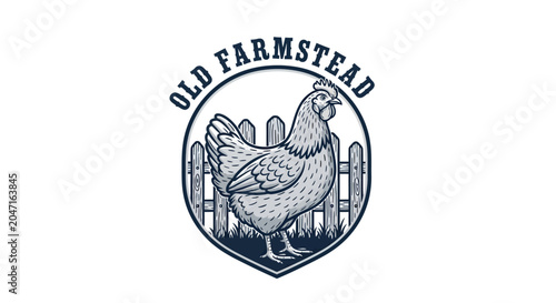 Vintage Hand-Drawn Chicken and Fence Logo for Old Farmstead.