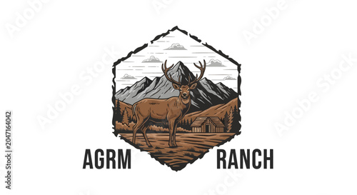 Vintage Hexagon Logo with Deer and Mountain Landscape for A G R M Ranch.