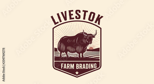 Vintage Livestock Farm Branding Emblem with Yak Illustration.