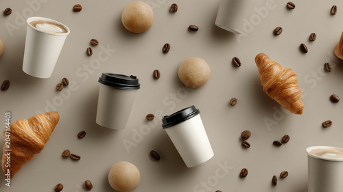 Paper coffee cup and croissant pattern with coffee beans and pastries scattered on neutral background evoking cozy morning mood