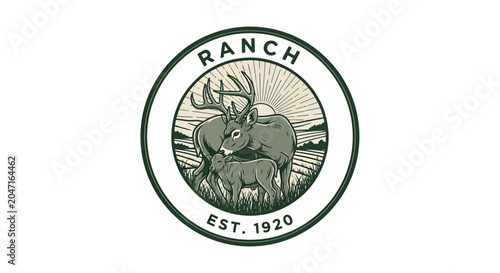 Vintage Ranch Emblem Featuring Majestic Deer Family Illustration.