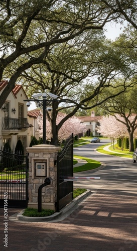 Gated entrance to an exclusive residential community with large oak trees.