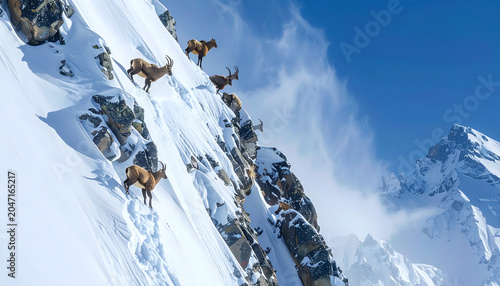 Ibex or chamois clinging to a vertical snow dusted rock face in a wide angle shot showing the mountain scale wilderness generative AI