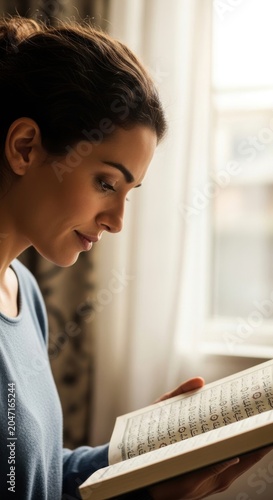 A woman peacefully reading a book indoors by a window.