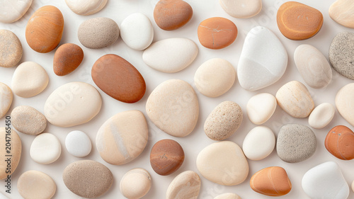 Smooth rounded pebble collection in warm neutral tones creating soothing organic texture and calm natural mood