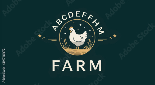 White chicken standing on hay in a circular farm logo with ABCDEFFHM text.