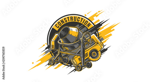 Yellow concrete mixer machine with construction text emblem.