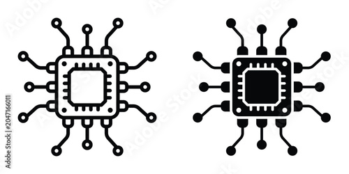 Semiconductor icon set in outlined drawings with flat version.