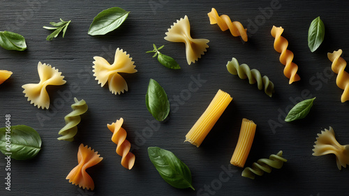 Colorful pasta assortment with basil leaves on dark background creating fresh culinary mood and texture