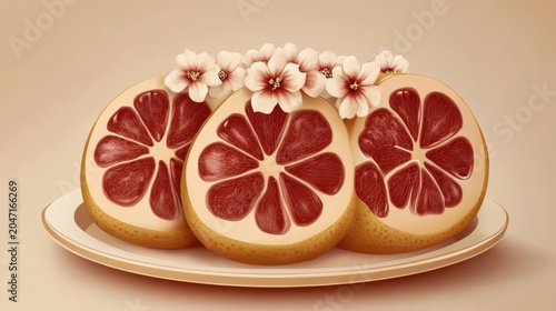 Three cross-sections of a red pomelo citrus fruit arranged on a white ceramic plate decorated with small white edible blossoms against a neutral minimalist beige background.