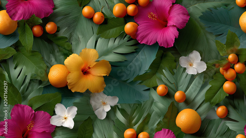 Vibrant tropical palm leaves seamless pattern hibiscus flower orange fruit summer floral design