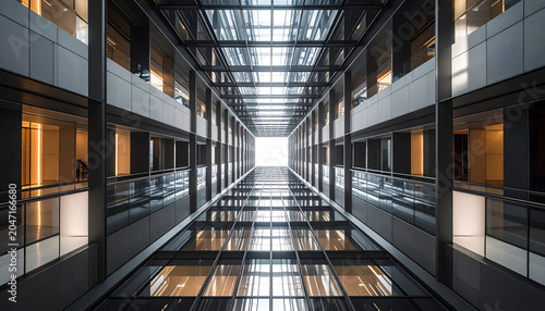 Elevator rising through a glass atrium featuring geometric floor patterns and symmetrical dizzying perspectives with futuristic bright lighting in high tech luxury generative AI