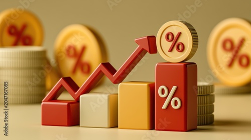 A 3D illustration showing a rising red arrow on a bar chart with percentage symbols, representing increasing interest rates or percentages.