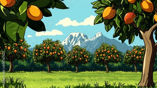 Stylized 2D illustration of a vibrant mango orchard with ripe orange fruit hanging from trees, set against a backdrop of majestic snow-capped mountains under a clear blue summer sky.